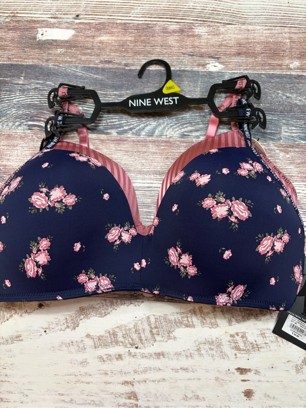 Lot Of 2 Nine West No Wire Bras Floral & Dusty Rose Striped 38C New With Tags